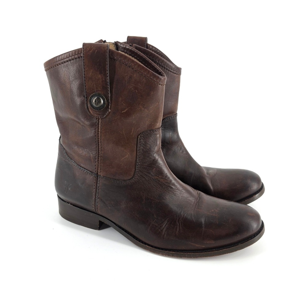 Frye Melissa Button Ankle Boots Women 7.5 Dark Brown Leather Western Shorty Zip
